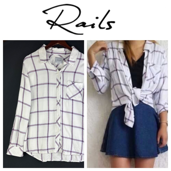 Rails Tops - Rails Button Down Shirt Top Large 12 14 Plaid Flannel Hunter White Sky Salmon